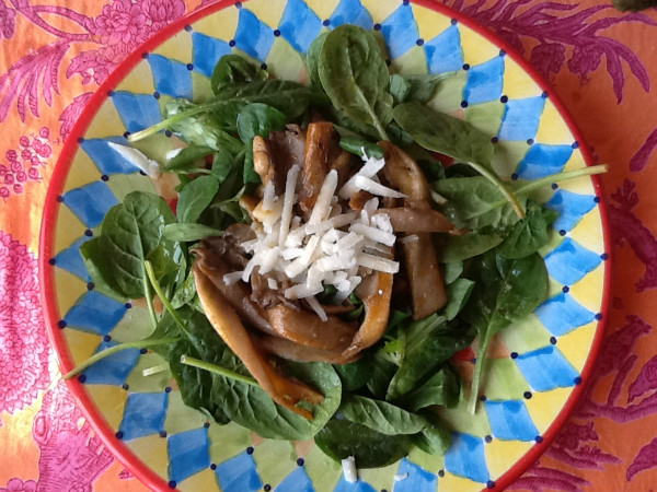 Ensalada templada de setas, canónigos y espinacas frescas