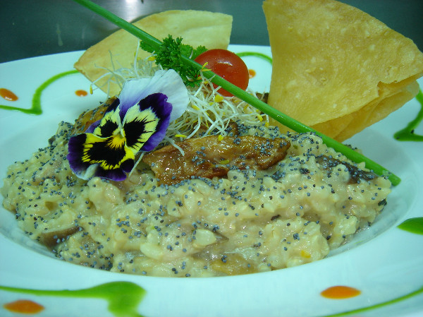 Risotto de arroz integral biológico cremoso de queso parmesano con Boletus Edulis y Shitake y brotes de alfalfa